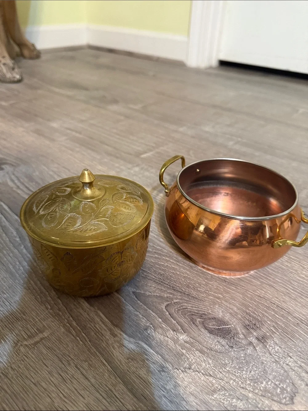 Sarna Etched Brass Bowl and Copper and Brass Handi Handled Pot  3 pieces Lot